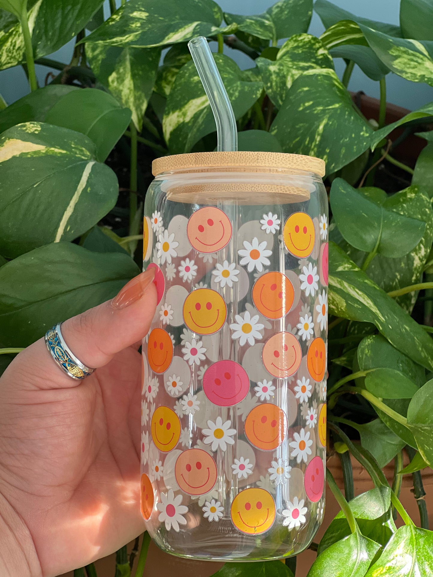 Daisy/Happy face- 18oz glass cup