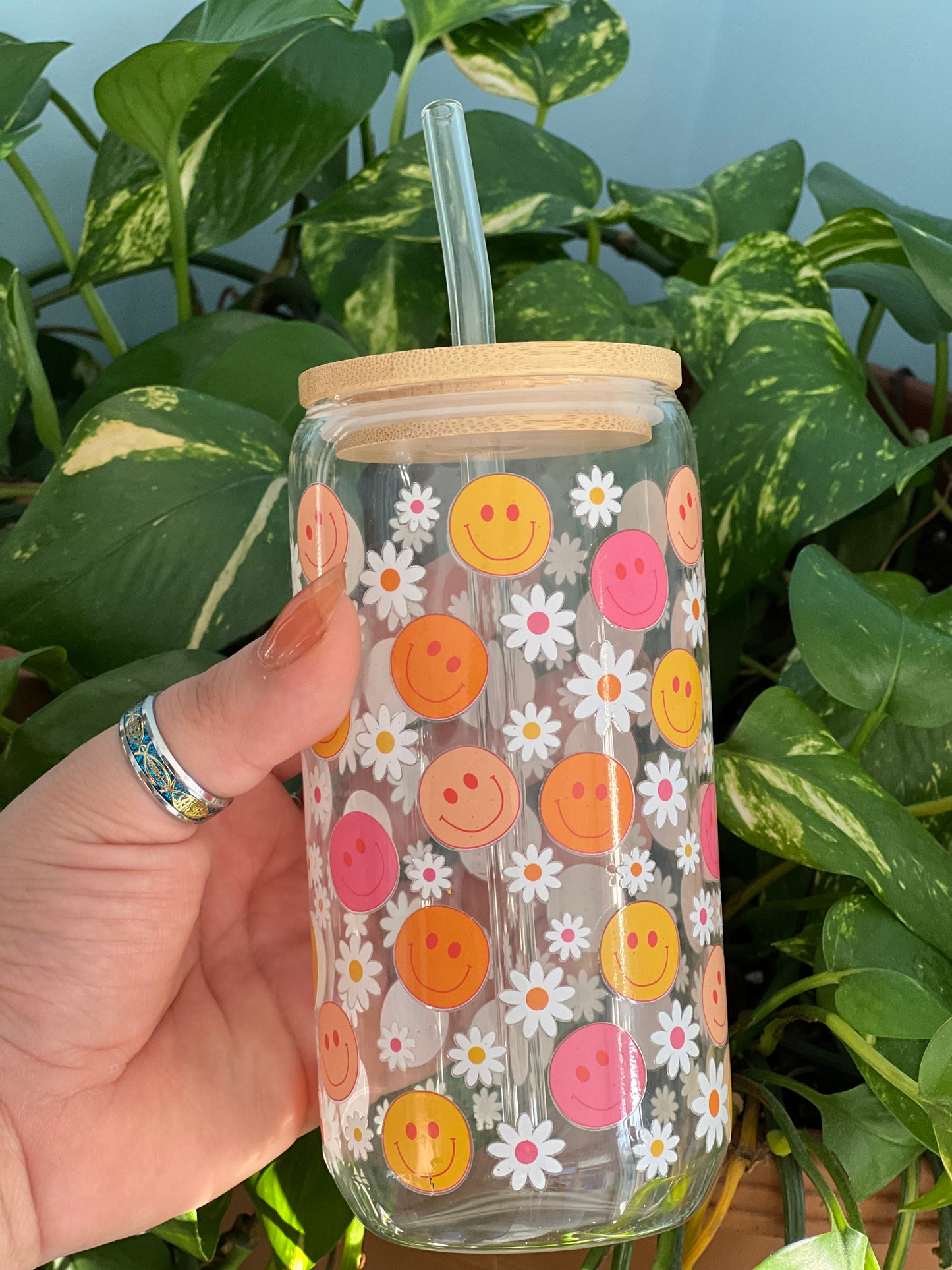 Daisy/Happy face- 18oz glass cup