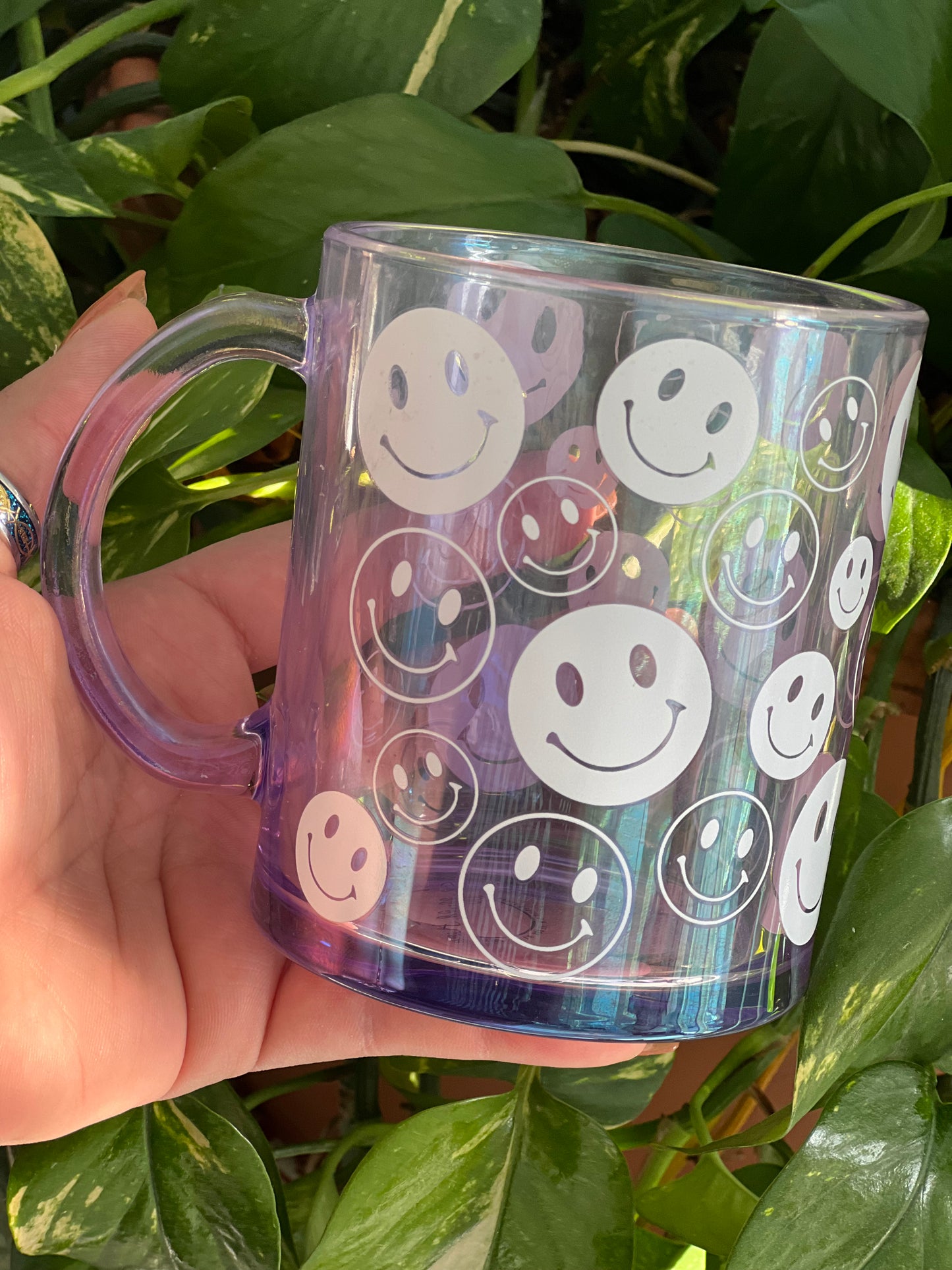 Lilac glass mug-Happy Face design