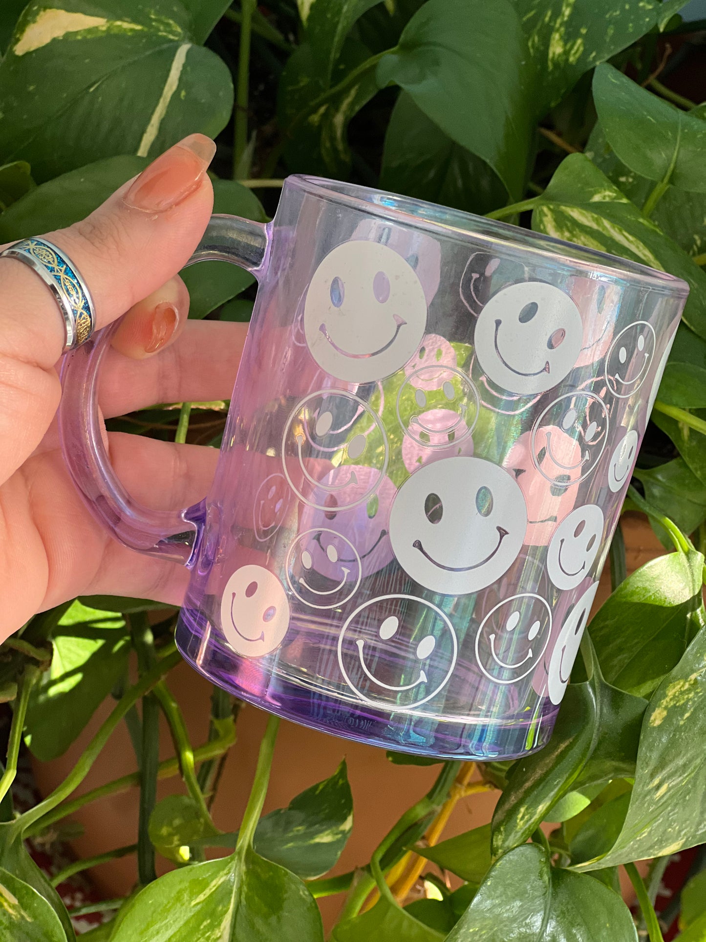 Lilac glass mug-Happy Face design