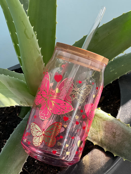 Butterfly/heart- gold/red/pink 16oz glass cup