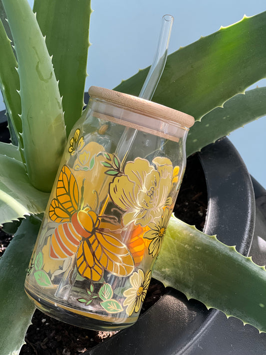 Queen Bee- yellow flowers 16oz. Glass cup