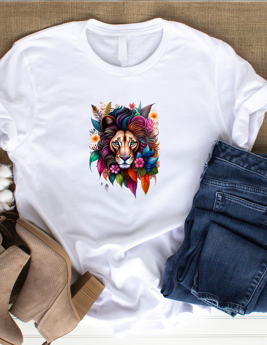 Floral Feathers Lion White T-Shirt