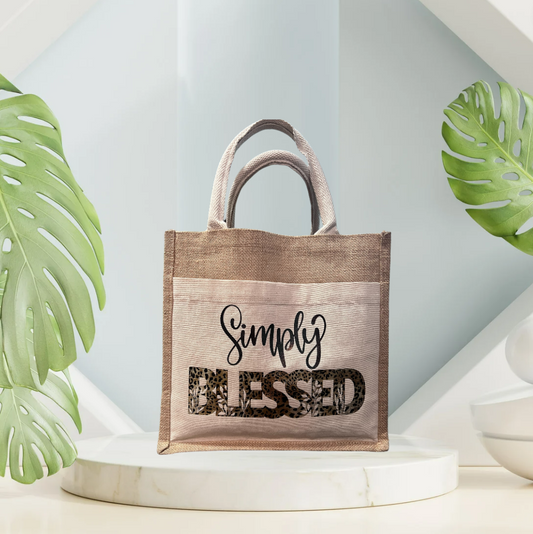 SIMPLY BLESSED- BURLAP TOTE BAG