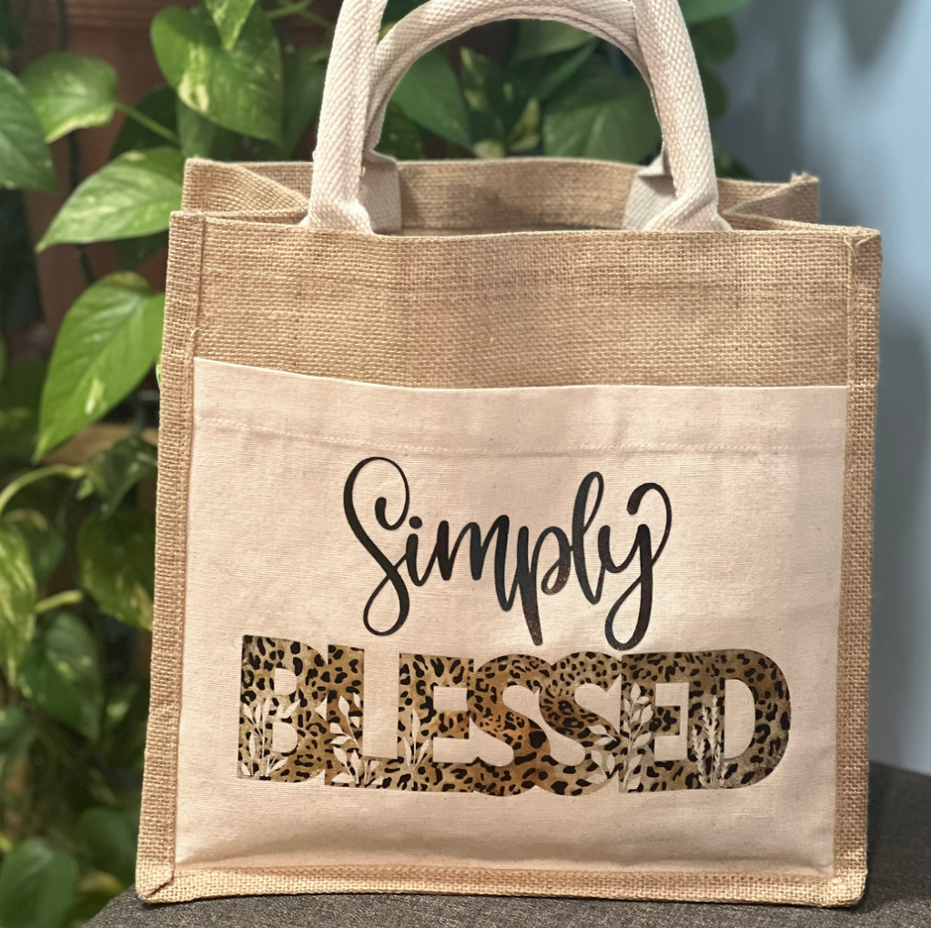 SIMPLY BLESSED- BURLAP TOTE BAG