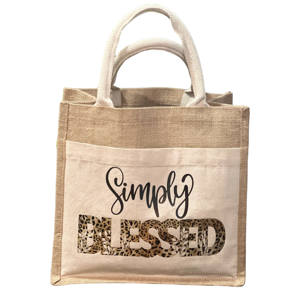 SIMPLY BLESSED- BURLAP TOTE BAG